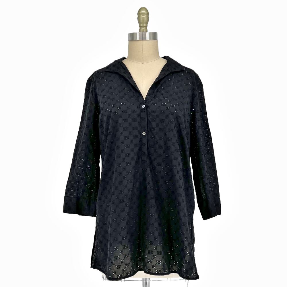 Paperwhite Cotton Eyelet Henley Tunic Top Blouse in Black size 12